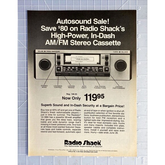 Radio Shack "High Power, In Dash AM/FM Car Stereo Cassette"Vintage Print Ad 1983 - Picture 2 of 3